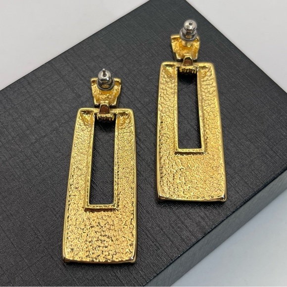 VTG 80's Enameled Golden Geometric Earrings Pierced 2" - Picture 2 of 6